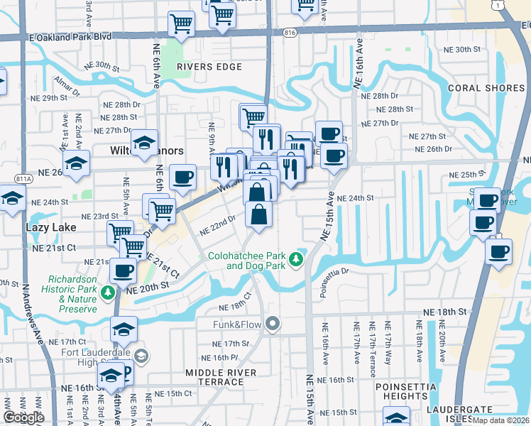 map of restaurants, bars, coffee shops, grocery stores, and more near 2200 Northeast 12th Avenue in Wilton Manors