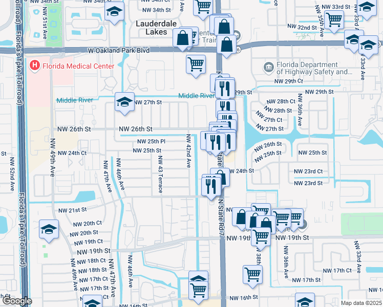 map of restaurants, bars, coffee shops, grocery stores, and more near 2420 Northwest 42nd Avenue in Lauderhill