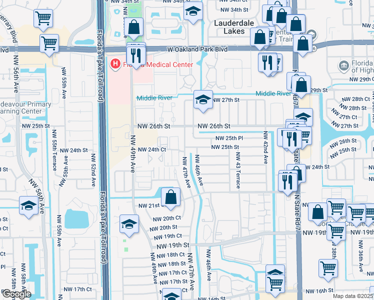 map of restaurants, bars, coffee shops, grocery stores, and more near 4630 Northwest 25th Street in Lauderhill
