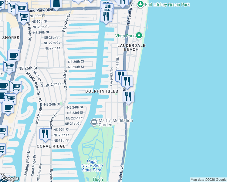 map of restaurants, bars, coffee shops, grocery stores, and more near 2200 Northeast 32nd Avenue in Fort Lauderdale