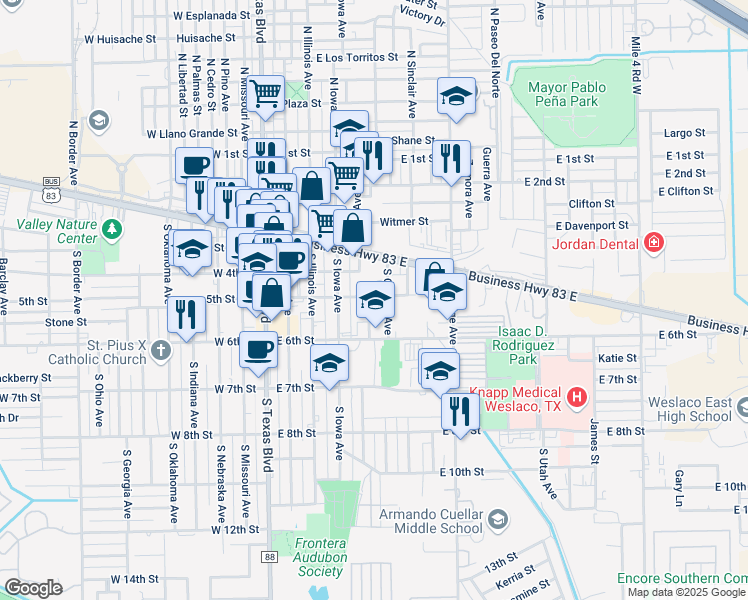 map of restaurants, bars, coffee shops, grocery stores, and more near 501 Michigan Avenue in Weslaco