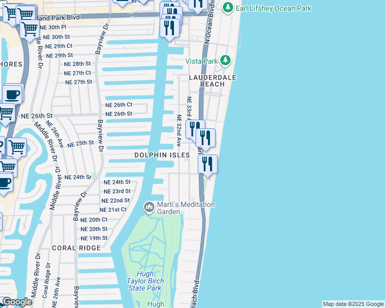 map of restaurants, bars, coffee shops, grocery stores, and more near 2201 North Ocean Boulevard in Fort Lauderdale