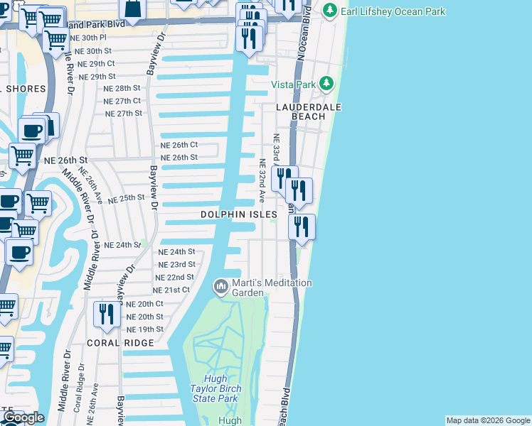 map of restaurants, bars, coffee shops, grocery stores, and more near 2200 Northeast 32nd Avenue in Fort Lauderdale