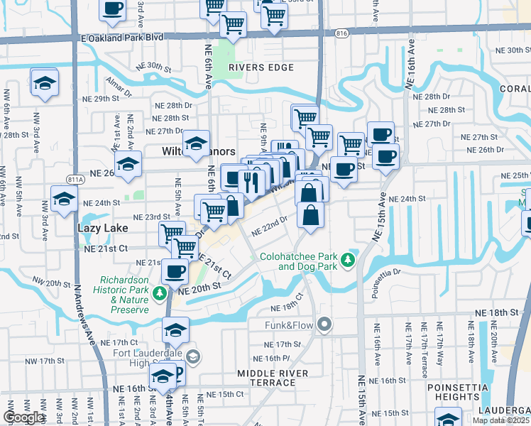 map of restaurants, bars, coffee shops, grocery stores, and more near 2291 Northeast 9th Avenue in Wilton Manors