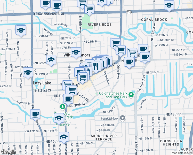 map of restaurants, bars, coffee shops, grocery stores, and more near 2301 Wilton Drive in Wilton Manors