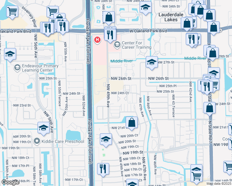 map of restaurants, bars, coffee shops, grocery stores, and more near 4844 Northwest 24th Court in Lauderdale Lakes