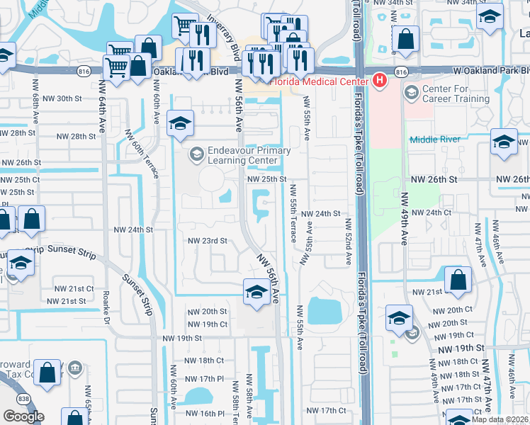 map of restaurants, bars, coffee shops, grocery stores, and more near 2360 Northwest 56th Avenue in Lauderhill