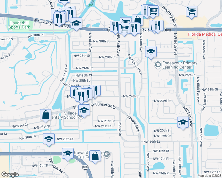 map of restaurants, bars, coffee shops, grocery stores, and more near 6501 Northwest 24th Court in Sunrise