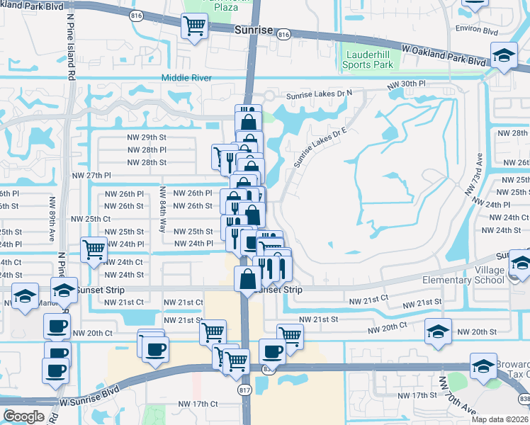 map of restaurants, bars, coffee shops, grocery stores, and more near 2560 Northwest 81st Drive in Sunrise