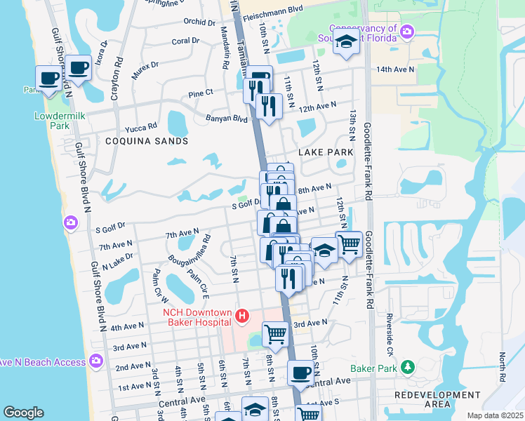 map of restaurants, bars, coffee shops, grocery stores, and more near 800 South Golf Drive in Naples