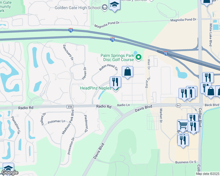 map of restaurants, bars, coffee shops, grocery stores, and more near 273 Robin Hood Circle in Naples