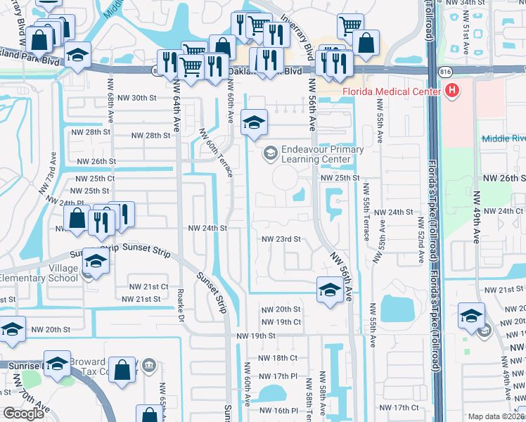 map of restaurants, bars, coffee shops, grocery stores, and more near 5823 Blueberry Court in Lauderhill