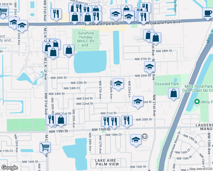 map of restaurants, bars, coffee shops, grocery stores, and more near 2639 Northwest 24th Court in Fort Lauderdale