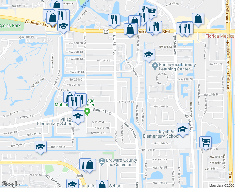 map of restaurants, bars, coffee shops, grocery stores, and more near 2440 Northwest 64th Avenue in Sunrise