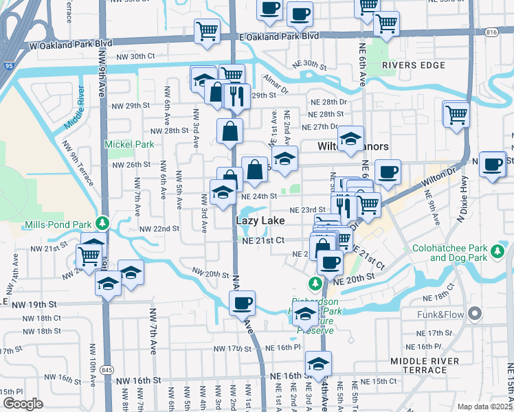 map of restaurants, bars, coffee shops, grocery stores, and more near 40 Northeast 24th Street in Lazy Lake