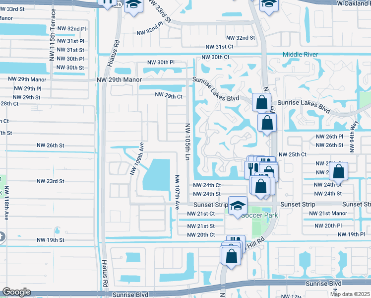 map of restaurants, bars, coffee shops, grocery stores, and more near 2611 Northwest 105th Lane in Sunrise