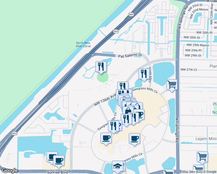 map of restaurants, bars, coffee shops, grocery stores, and more near 2335 Northwest 136th Avenue in Sunrise