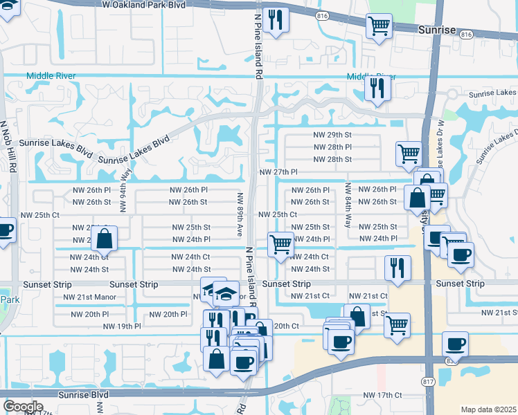 map of restaurants, bars, coffee shops, grocery stores, and more near 2580 North Pine Island Road in Sunrise