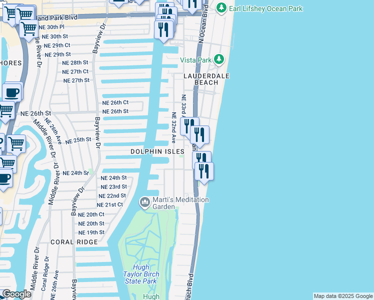 map of restaurants, bars, coffee shops, grocery stores, and more near 2221 North Ocean Boulevard in Fort Lauderdale