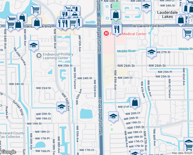 map of restaurants, bars, coffee shops, grocery stores, and more near 2332 Northwest 52nd Avenue in Lauderhill