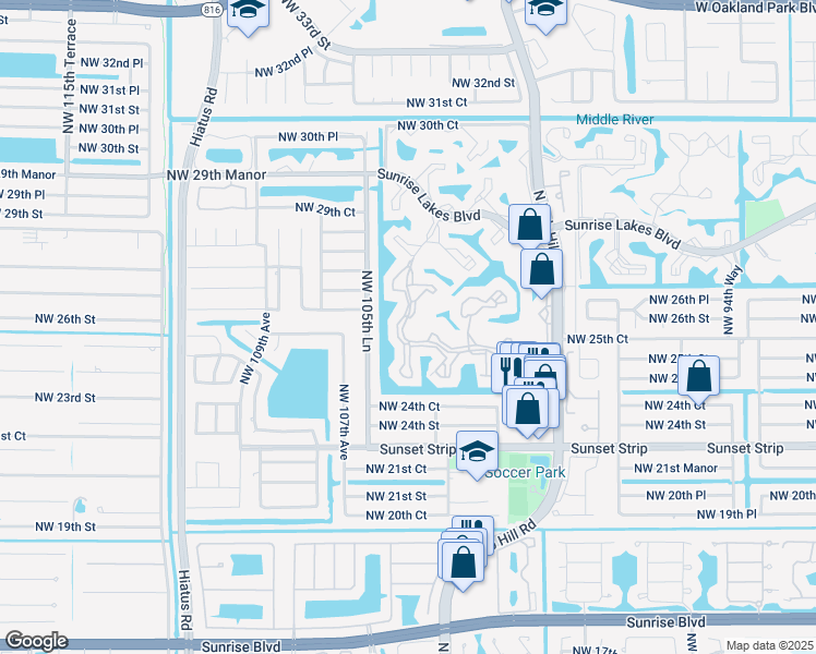 map of restaurants, bars, coffee shops, grocery stores, and more near 196 Northwest 104th Avenue in Sunrise