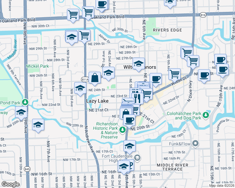 map of restaurants, bars, coffee shops, grocery stores, and more near 301 Northeast 23rd Street in Wilton Manors