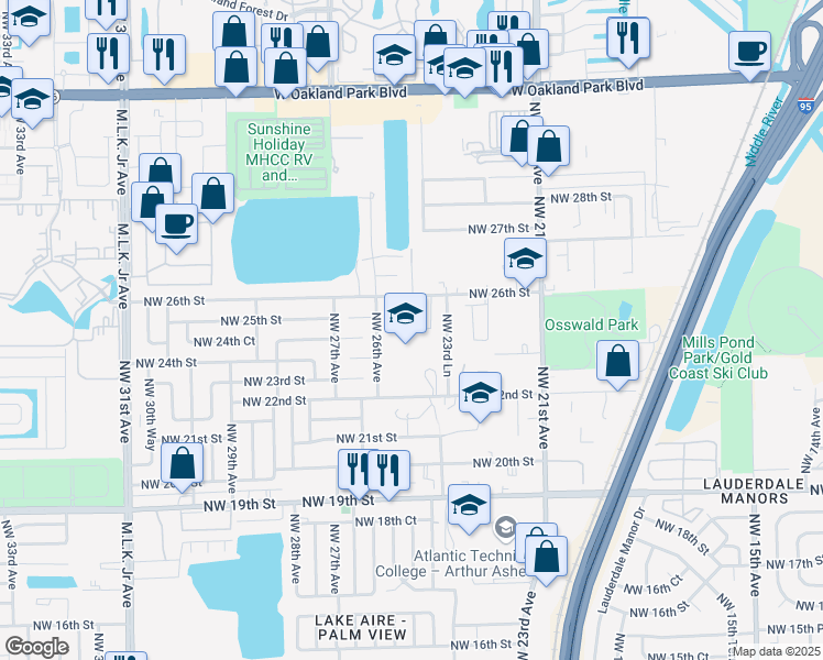 map of restaurants, bars, coffee shops, grocery stores, and more near 2400 Northwest 26th Street in Fort Lauderdale