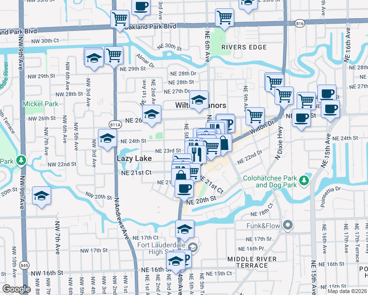 map of restaurants, bars, coffee shops, grocery stores, and more near 421 Northeast 23rd Street in Wilton Manors