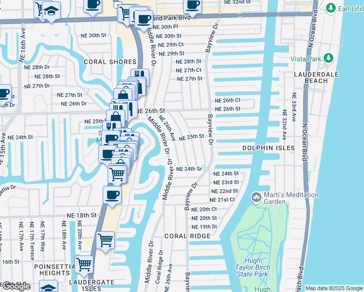 map of restaurants, bars, coffee shops, grocery stores, and more near 2449 Northeast 26th Terrace in Fort Lauderdale