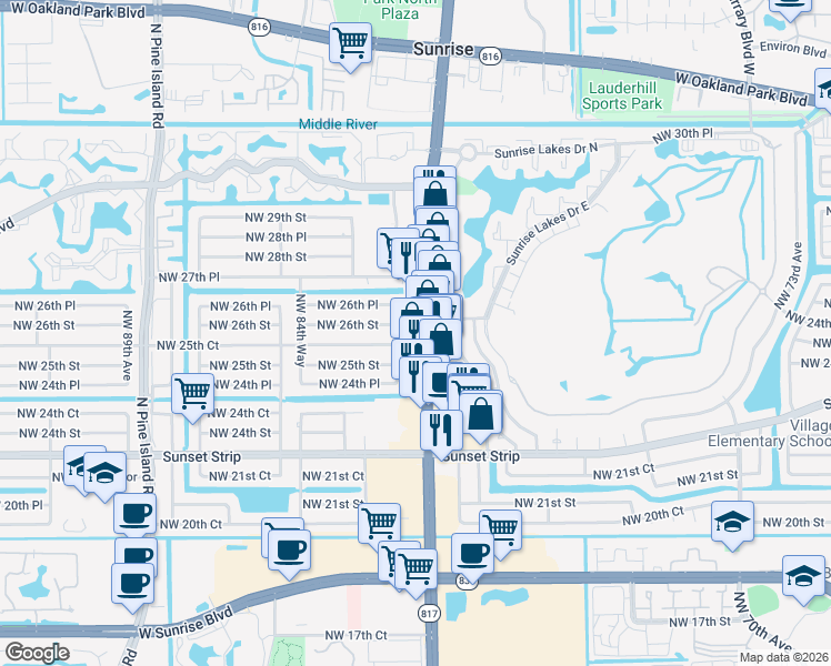 map of restaurants, bars, coffee shops, grocery stores, and more near 2601 North University Drive in Sunrise