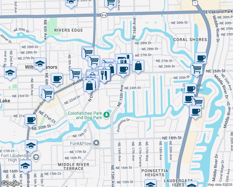 map of restaurants, bars, coffee shops, grocery stores, and more near 1459 Northeast 23rd Street in Wilton Manors