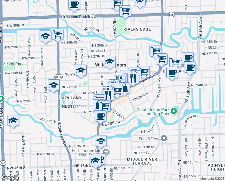 map of restaurants, bars, coffee shops, grocery stores, and more near 525 Northeast 23rd Street in Wilton Manors