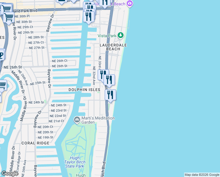 map of restaurants, bars, coffee shops, grocery stores, and more near 2210 Northeast 22nd Street in Fort Lauderdale