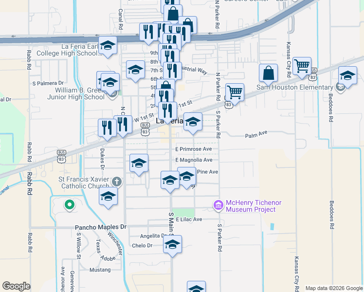 map of restaurants, bars, coffee shops, grocery stores, and more near 199 East Primrose Avenue in La Feria