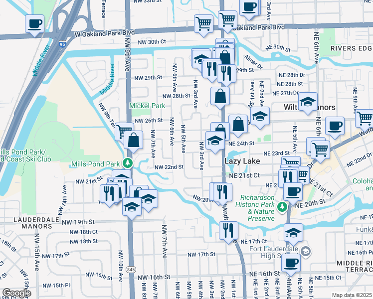map of restaurants, bars, coffee shops, grocery stores, and more near 2300 Northwest 5th Avenue in Wilton Manors