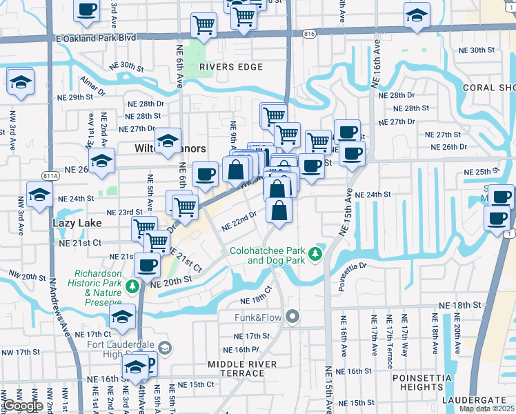 map of restaurants, bars, coffee shops, grocery stores, and more near 2131 Northeast 11th Avenue in Wilton Manors