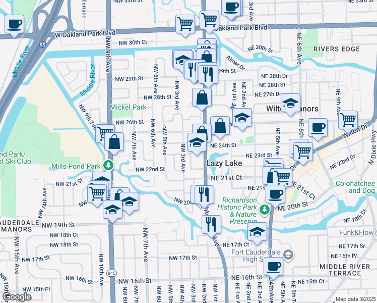 map of restaurants, bars, coffee shops, grocery stores, and more near 2300 Northwest 3rd Avenue in Wilton Manors