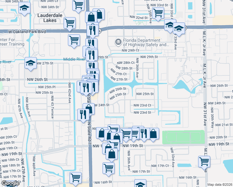 map of restaurants, bars, coffee shops, grocery stores, and more near 3741 Northwest 25th Street in Lauderdale Lakes