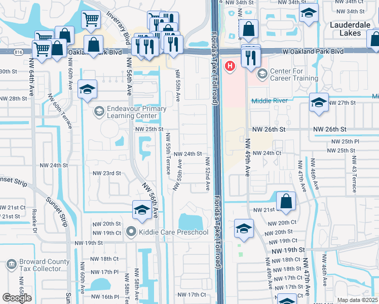 map of restaurants, bars, coffee shops, grocery stores, and more near 5307 Northwest 24th Street in Lauderhill