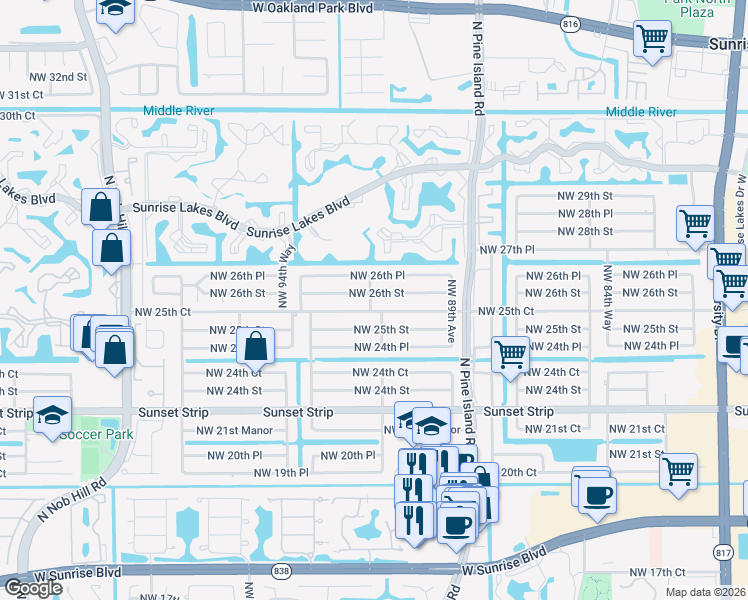 map of restaurants, bars, coffee shops, grocery stores, and more near 9191 Northwest 25th Court in Sunrise