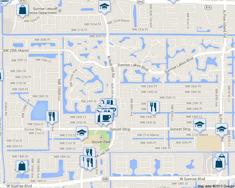 map of restaurants, bars, coffee shops, grocery stores, and more near 2541 North Nob Hill Road in Sunrise