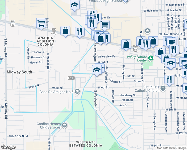 map of restaurants, bars, coffee shops, grocery stores, and more near 501 South Westgate Drive in Weslaco