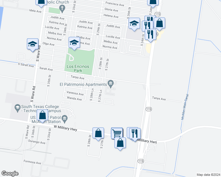 map of restaurants, bars, coffee shops, grocery stores, and more near 2601 Sarah Avenue in McAllen