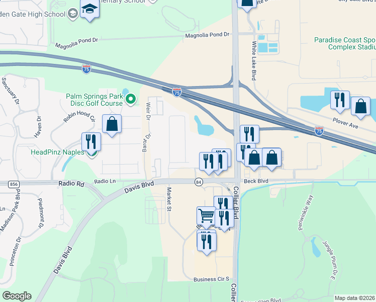 map of restaurants, bars, coffee shops, grocery stores, and more near 8987 Madrid Circle in Naples