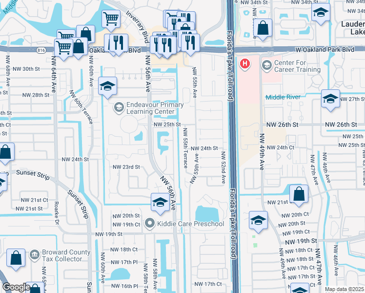 map of restaurants, bars, coffee shops, grocery stores, and more near 2405 Northwest 55th Terrace in Lauderhill