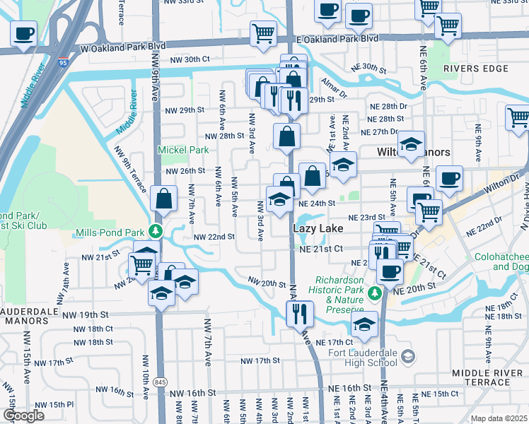map of restaurants, bars, coffee shops, grocery stores, and more near 2300 Northwest 3rd Avenue in Wilton Manors