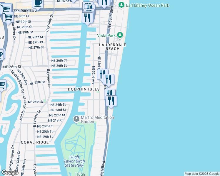 map of restaurants, bars, coffee shops, grocery stores, and more near 2210 Northeast 22nd Street in Fort Lauderdale