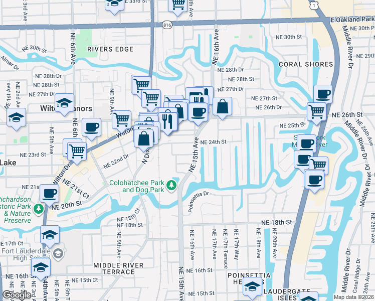 map of restaurants, bars, coffee shops, grocery stores, and more near 1449 Northeast 23rd Street in Wilton Manors
