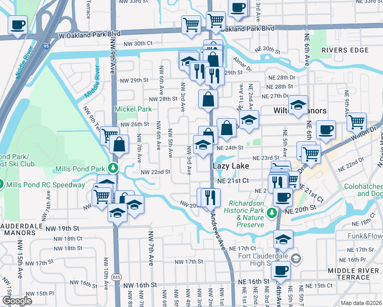 map of restaurants, bars, coffee shops, grocery stores, and more near 2300 Northwest 3rd Avenue in Wilton Manors