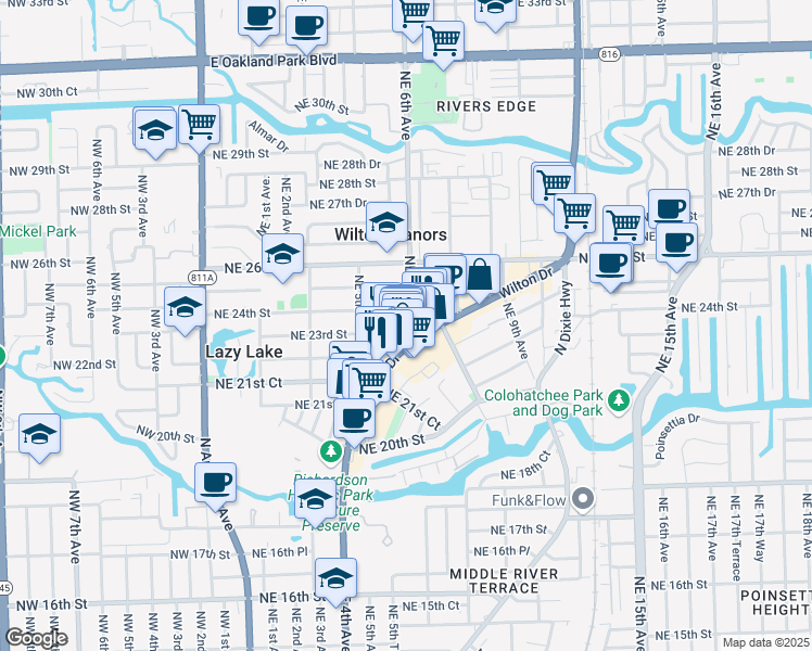 map of restaurants, bars, coffee shops, grocery stores, and more near 525 Northeast 23rd Street in Wilton Manors